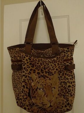 Leopard Print Tote Bag with Studded Cheetah Motif - Brown